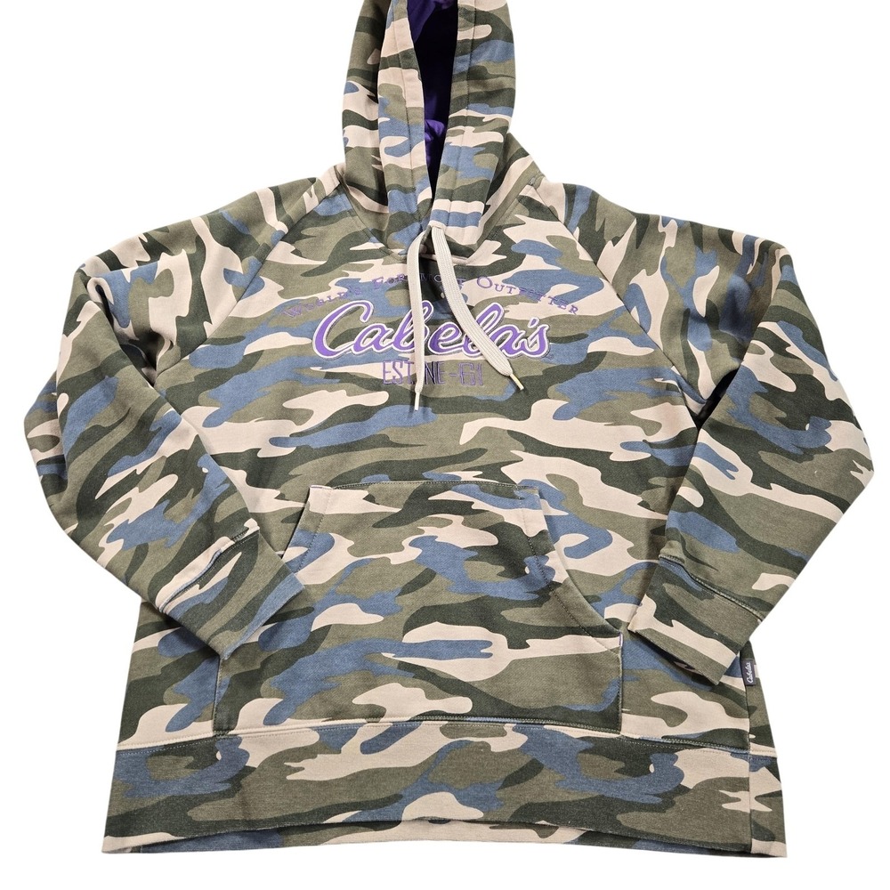 Cabelas Hoodie Sweatshirt Mens XL Green Camo Fleece Pullover Logo Lined Outdoor